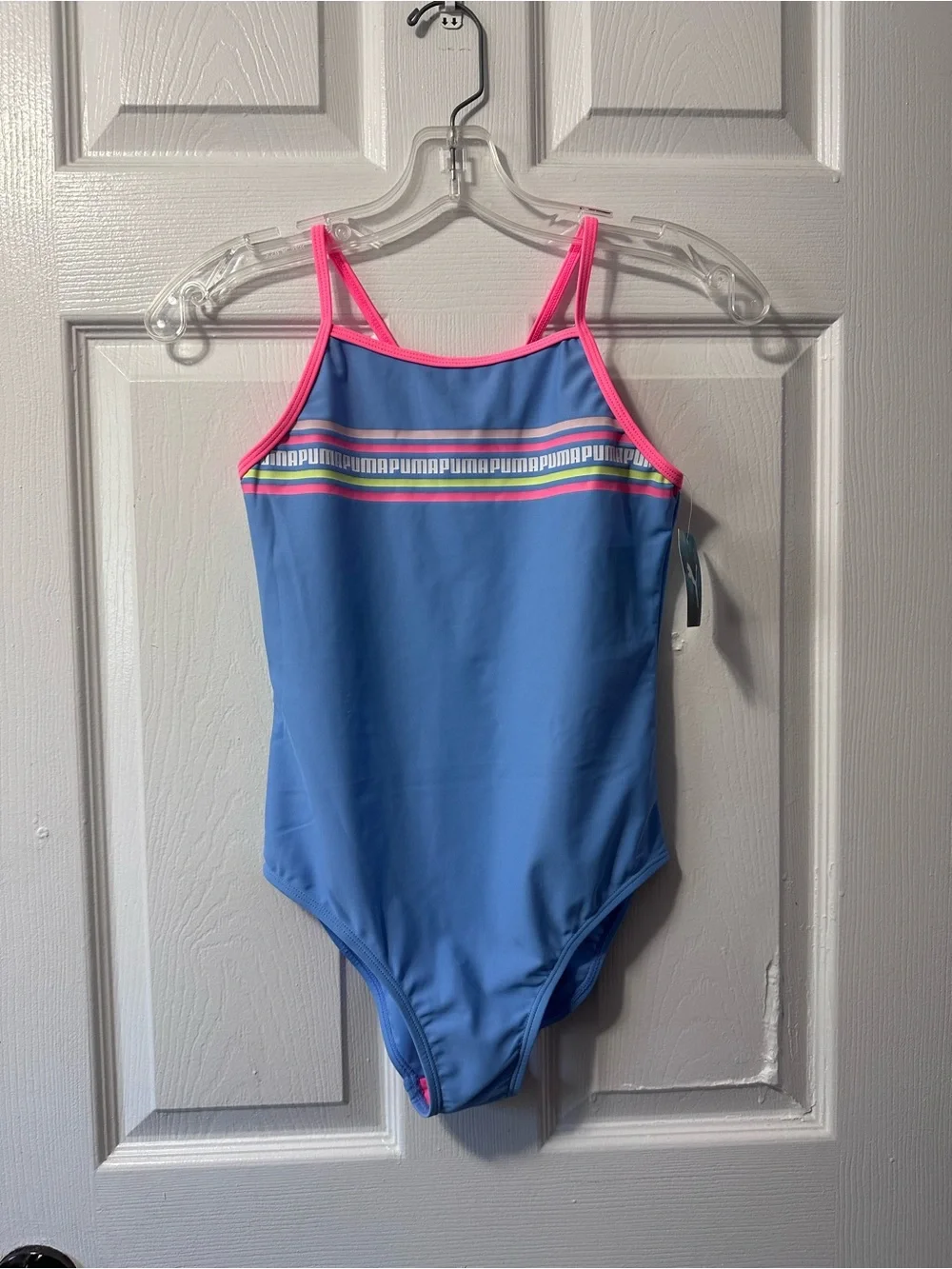 Puma Blue One-Piece Girls' Swimsuit with Pink Trim